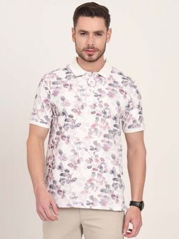 JadeBlue - Men Polyester White Printed Slim Fit Polo T-Shirt