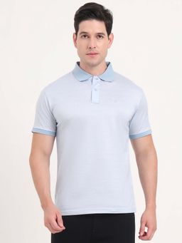 JadeBlue - Men Pure Cotton Blue Textured Regular Fit Polo T-Shirt
