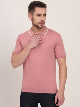 JadeBlue - Men Cotton Pink Solid Slim Fit Polo T-Shirt