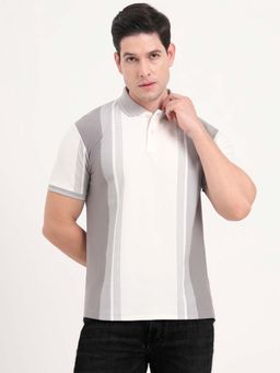 JadeBlue - Men Pure Cotton Grey Stripes Slim Fit Polo T-Shirt
