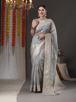 Akhilam - Womens Organza Grey Woven Design Designer Saree with Unstitched Blouse
