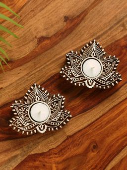 ExclusiveLane - Luminous Lotus' Hand-Carved Blocks Tea-Light Holders In Sheesham Wood (Set of 2)