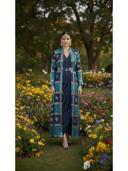 Diiwataa - Navy Blue Embroidered Cowl Dress with Jacket
