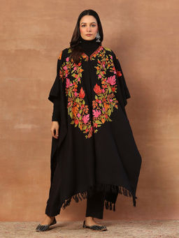 House of Chikankari - Kashmiri Wool Aari Embroidered Solid Women's Kaftan Black