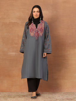 House of Chikankari - Kashmiri Wool Sozni Embroidered Women's Kurta Grey