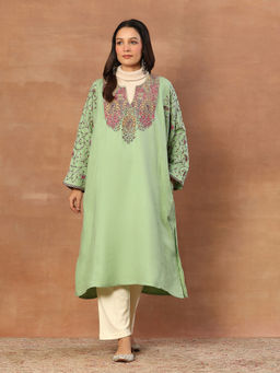 House of Chikankari - Kashmiri Wool Sozni Embroidered Women's Kurta Green