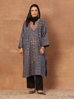 House of Chikankari - Kashmiri Wool Sozni Embroidered Women's Kurta Grey