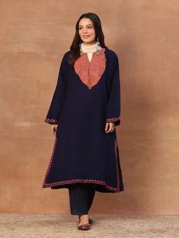 House of Chikankari - Kashmiri Wool Sozni Embroidered Women's Kurta Navy Blue
