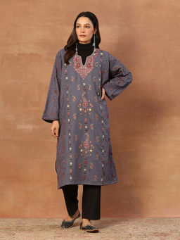 House of Chikankari - Kashmiri Wool Sozni Embroidered Women's Kurta Grey