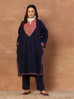 House of Chikankari - Kashmiri Wool Sozni Embroidered Women's Kurta Blue