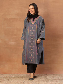 House of Chikankari - Kashmiri Wool Sozni Embroidered Women's Kurta Grey