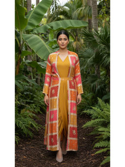 Diiwataa - Mustard Embroidered Cowl Dress with Jacket