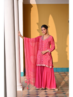 Mahee Jaipur - Pink Bandhani Nazakat Gota Patti Kurta with Sharara & Dupatta