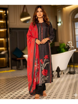 Mahee Jaipur - Black Muslin Floral Panel Print Kurta with Pant & Dupatta