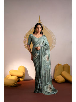 Mahee Jaipur - Pure Muslin Scalloped Border Floral Print Saree with Unstitched Blouse