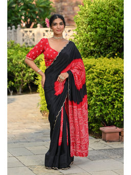 Mahee Jaipur - Black Ghewar Print Crepe Mirror Work Saree with Unstitched Blouse