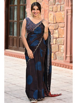 Mahee Jaipur - Ajrakh Print Scalloped Border Gota Work Saree with Unstitched Blouse