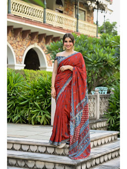 Mahee Jaipur - Red Mughal Ajrakh Print Mirror Work Scalloped Border Saree with Unstitched Blouse