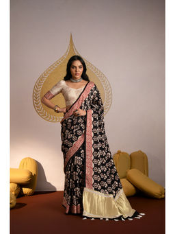 Mahee Jaipur - Black Pure Modal Hand Block Lagdi Patta Saree with Unstitched Blouse