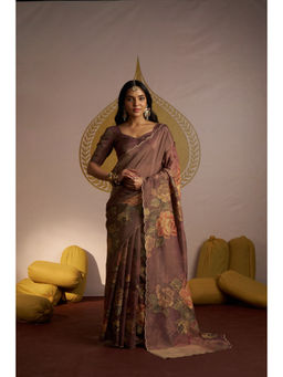 Mahee Jaipur - Brown Shimmer Tissue Embellished Saree with Unstitched Blouse
