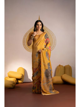 Mahee Jaipur - Golden Pure Tissue Cut Work Embroidery Saree with Unstitched Blouse