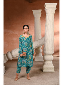 Mahee Jaipur - Rama Green Pure Crepe Floral Print Kurta with Pant