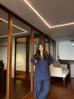 Naav - Fiza Navy Blue Embroidered Viscose Silk Top and Pant