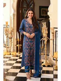 Mahee Jaipur - Pure Chiffon Muslin Ajrakh Gota Work Kurta with Pant & Dupatta