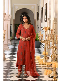 Mahee Jaipur - Rustic Rust Muslin A Line Gota Work Kurta with Pant & Dupatta