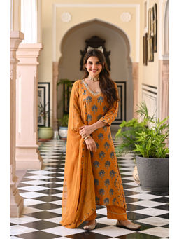 Mahee Jaipur - Mustard A Line Gota Work Block Print Kurta with Pant & Dupatta
