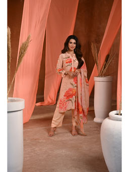 Mahee Jaipur - Peach Floral Print Crepe Gota Work Kurta with Pant & Dupatta