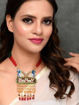 Silvermerc Designs - Gold Plated Peacock Designed Meenakari Necklace