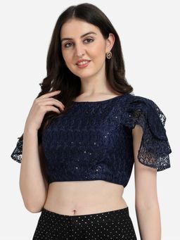 Amrutam Fab - Women's Embroidered & Sequences Work Navy Blue Net Boat Neck Blouse