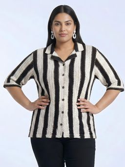 Indietoga - Women Plus Size Black Striped Off White Crochet Shirt