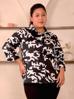 Indietoga - Women'S Plus Size Black White Abstract Print Longline Shirt