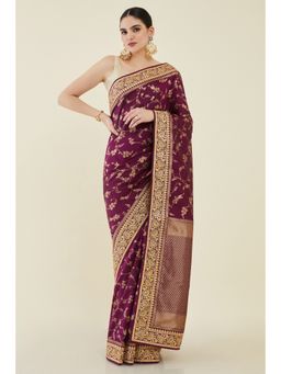 Soch - Women Wine Silk Embellished-Sequined Saree with Unstitched Blouse