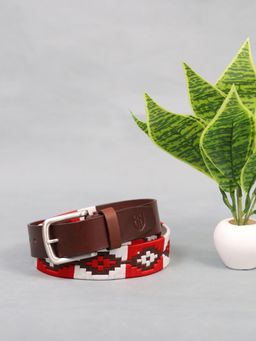 Berbanto - Men Embroidered Classic Silver Buckle Polo Leather Belt - Brown