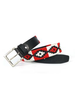 Berbanto - Men Embroidered Satin Silver Buckle Polo Leather Belt - Black