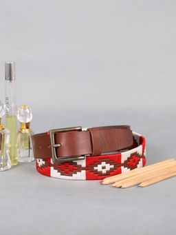 Berbanto - Men Embroidered Gunmetal Buckle Polo Leather Belt - Brown