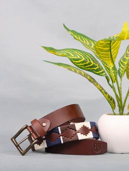 Berbanto - Men Embroidered Gunmetal Buckle Polo Leather Belt - Brown