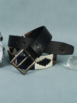 Berbanto - Men Embroidered Gunmetal Buckle Polo Leather Belt - Black