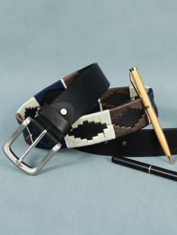 Berbanto - Men Embroidered Satin Silver Buckle Polo Leather Belt - Black