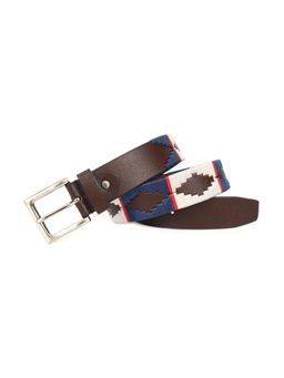Berbanto - Men Embroidered Satin Silver Buckle Polo Leather Belt - Brown