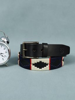 Berbanto - Men Embroidered Gunmetal Buckle Polo Leather Belt - Black