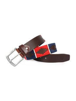 Berbanto - Men Embroidered Satin Silver Buckle Polo Leather Belt - Brown