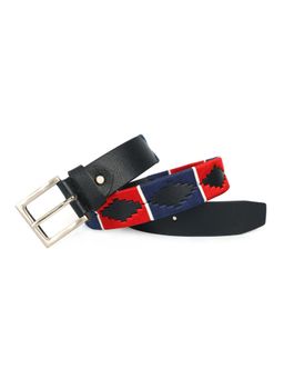 Berbanto - Men Embroidered Satin Silver Buckle Polo Leather Belt - Black