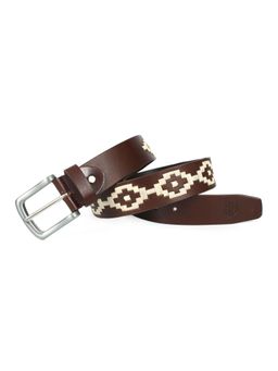 Berbanto - Men Embroidered Satin Silver Buckle Polo Leather Belt - Brown
