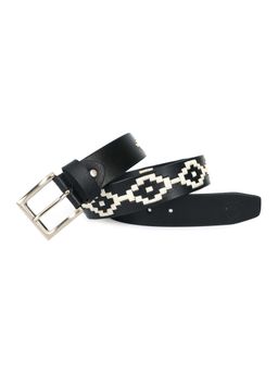 Berbanto - Men Embroidered Satin Silver Buckle Polo Leather Belt - Black