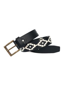 Berbanto - Men Embroidered Rustic Gold Buckle Polo Leather Belt - Black