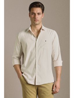 Louis Philippe - Beige Stripes Collar Neck Shirt